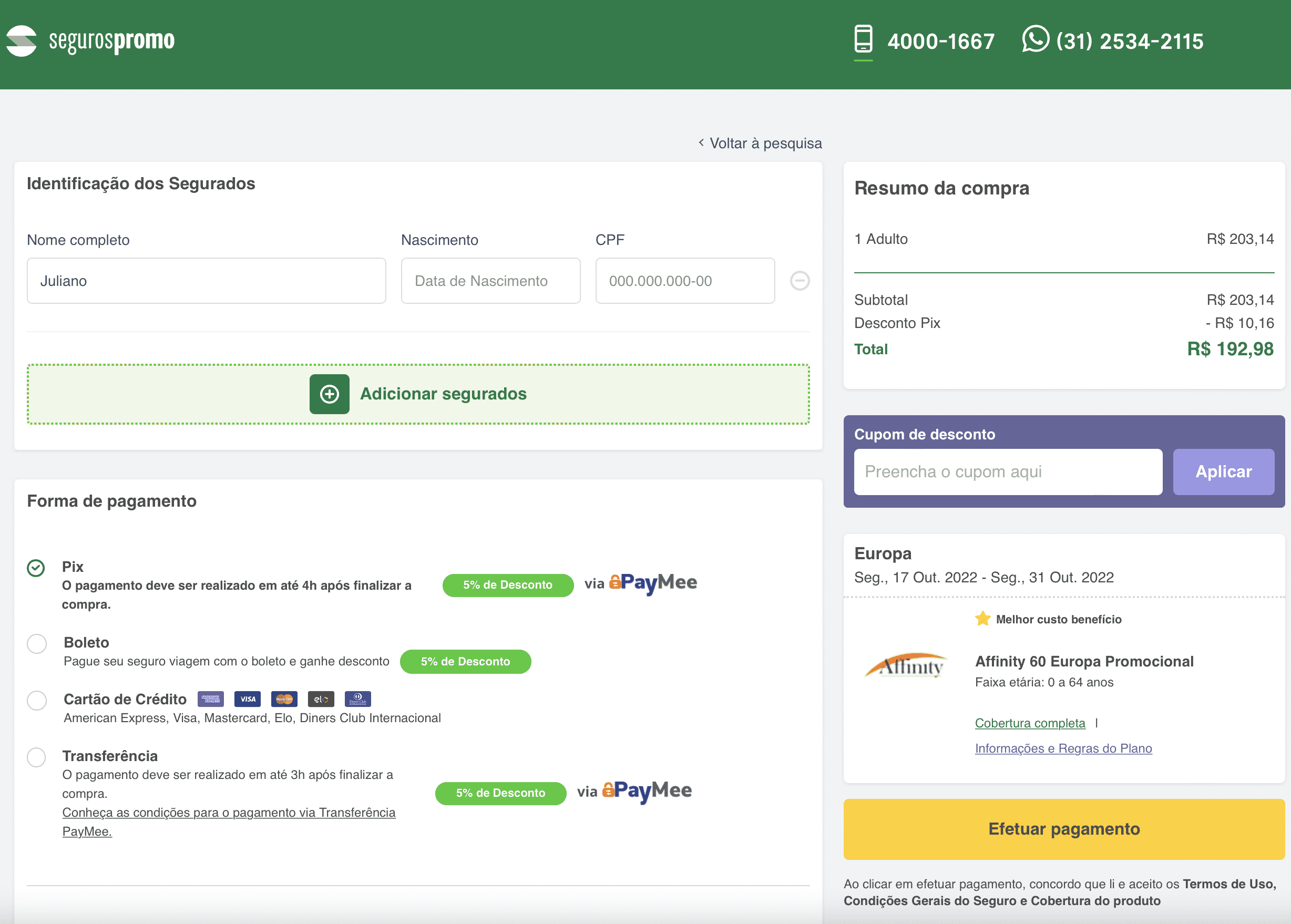 Página de pagamento seguro viagem