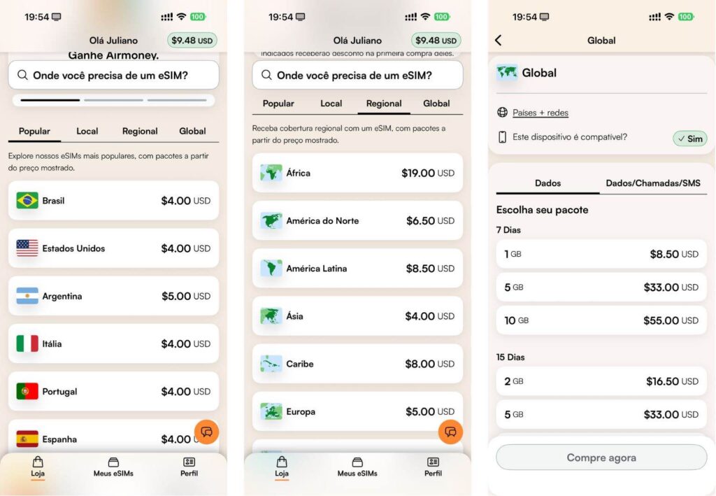 Planos oferecidos pela Airalo