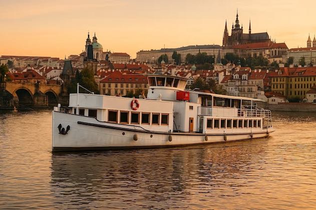 Passeio de barco em Praga no por do sol.
