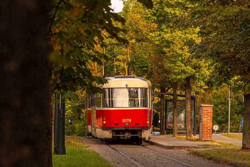 Bonde passando por uma rua arborizada em Praga
