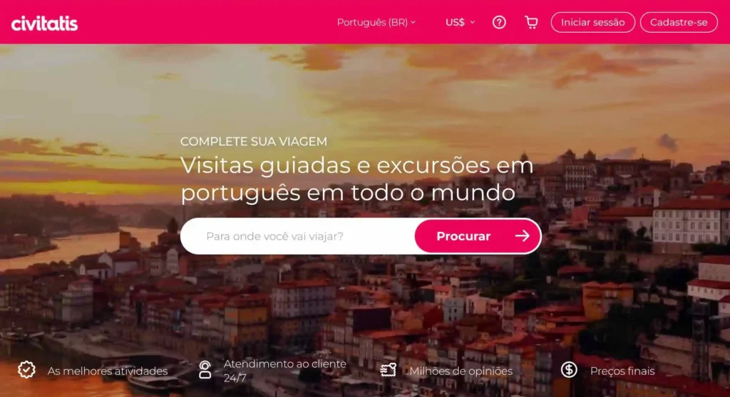 ótimo para comprar passeios, essa é a página inicial do Civitatis