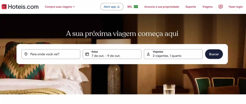 Página inicial do Hoteis.com, perfeito pra planejar uma viagem