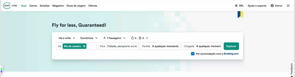 Página inicial do Kiwi uma ótima ferramenta de planejamento de viagem