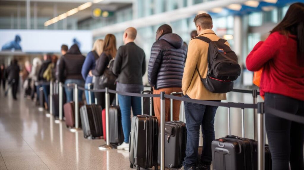 Brasileiros na fila da imigração da Europa para apresentar o ETIAS.