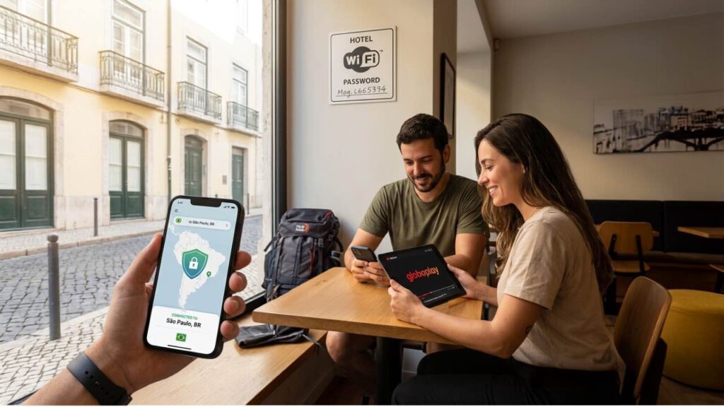 Pessoas trabalhando em um café e usando VPN