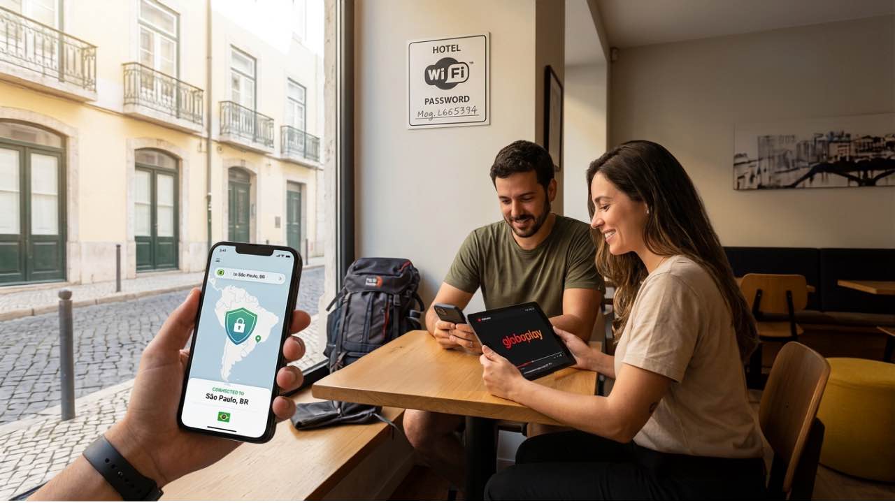 Pessoas trabalhando em um café e usando VPN